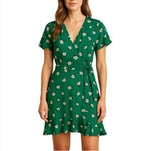 Collective Concepts Green Floral Faux Wrap Mini Dress Size S